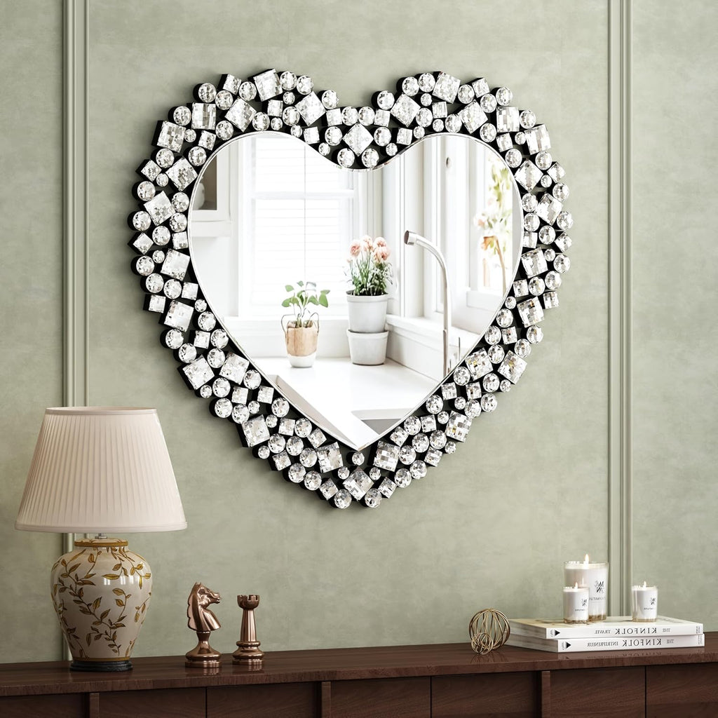 SHYFOY Decorative Heart Wall Mirror, 27.6x30.7 Crystal Round Mirror for Wall Decor, Jeweled Framless Wall Mirrors Modern Accent Silver Wall Decor for Bedroom Livingroom Hallway