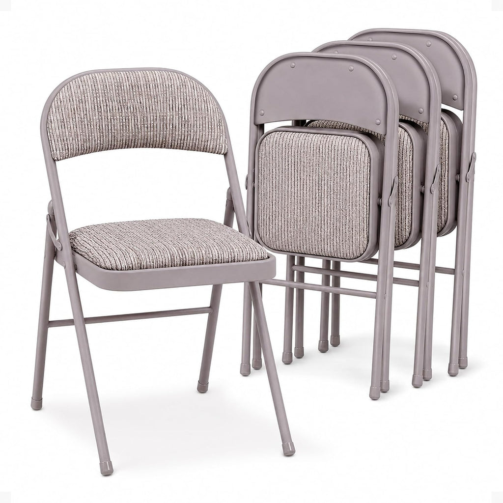 MECO 4-Pack Steel Frame Folding Dining & Event Chairs, Chicory Lace Motif Upholstery, Beige - Foldable Seating with Cushioned Seat and Padded Back for Kitchen, Parties or Game Tables