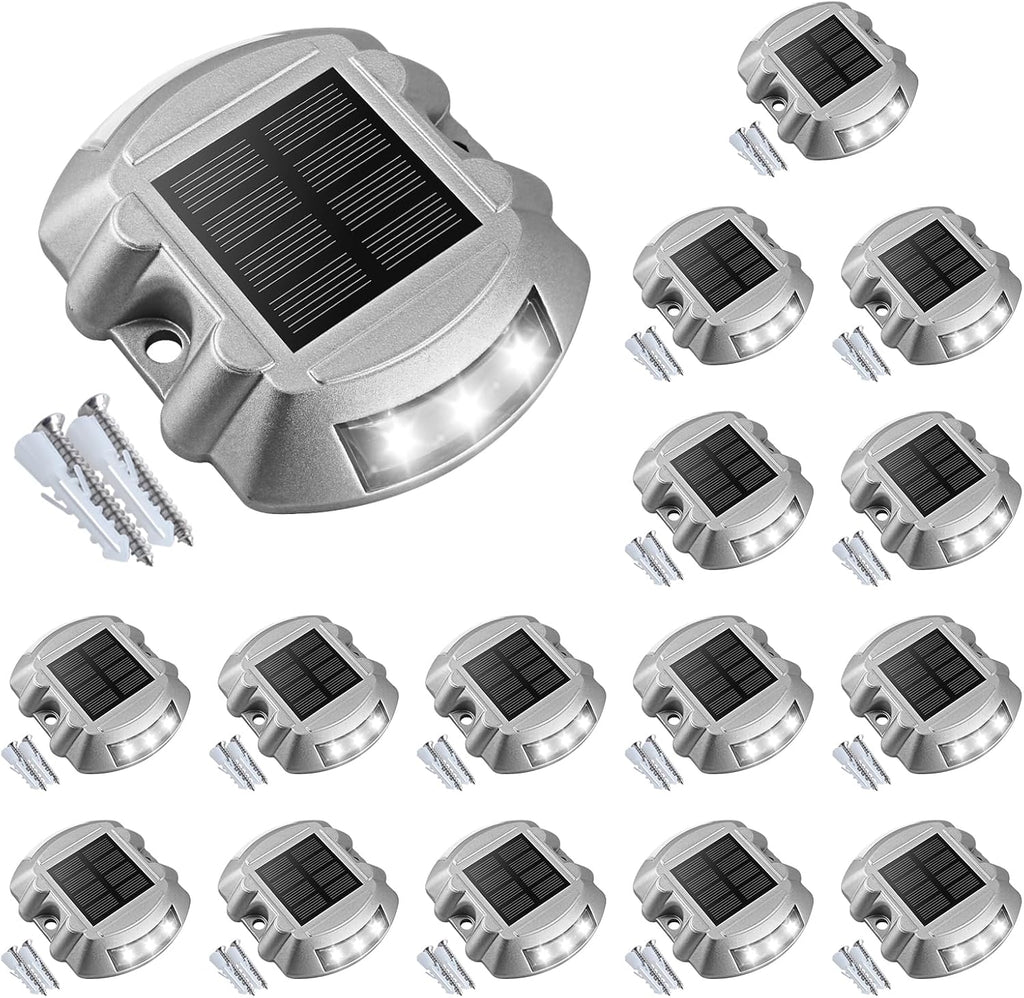 VOLISUN Solar Deck Lights Driveway Dock Lights, 16-Pack Led IP68 Waterproof Outdoor Warning Step Lights for Driveway Sidewalk Garden Pathway Yard(White, Auto On/Off