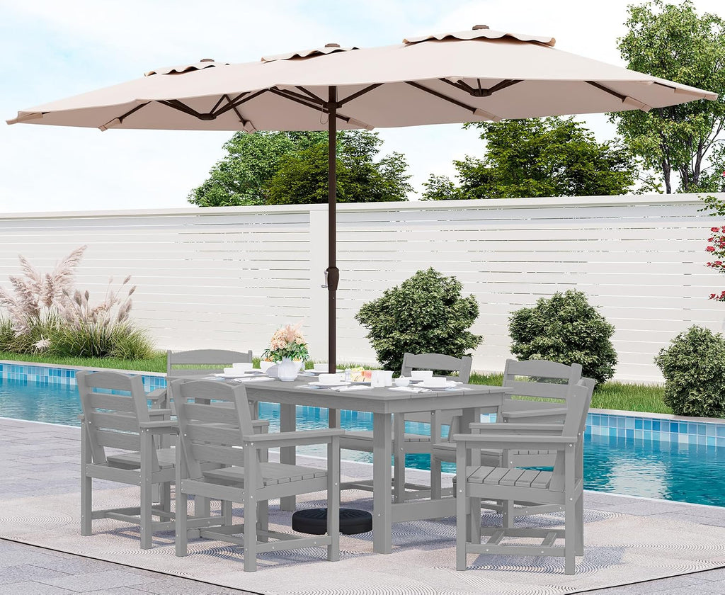 SERWALL 8-Piece Patio Dining Sets with 15FT Double Side Patio Umbrella, Outdoor HDPE Dining Furniture Set with Umbrella Hole Cut-Out Table and 6 Chairs, Light Gray（Umbreall Base not Included）