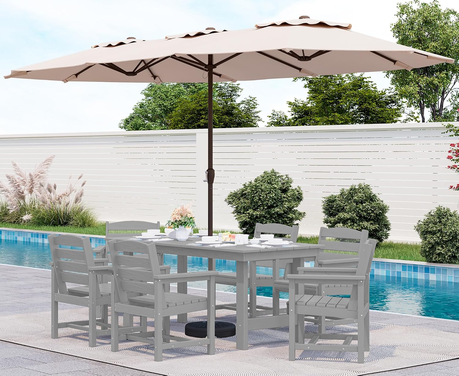 SERWALL 8-Piece Patio Dining Sets with 15FT Double Side Patio Umbrella, Outdoor HDPE Dining Furniture Set with Umbrella Hole Cut-Out Table and 6 Chairs, Light Gray（Umbreall Base not Included）