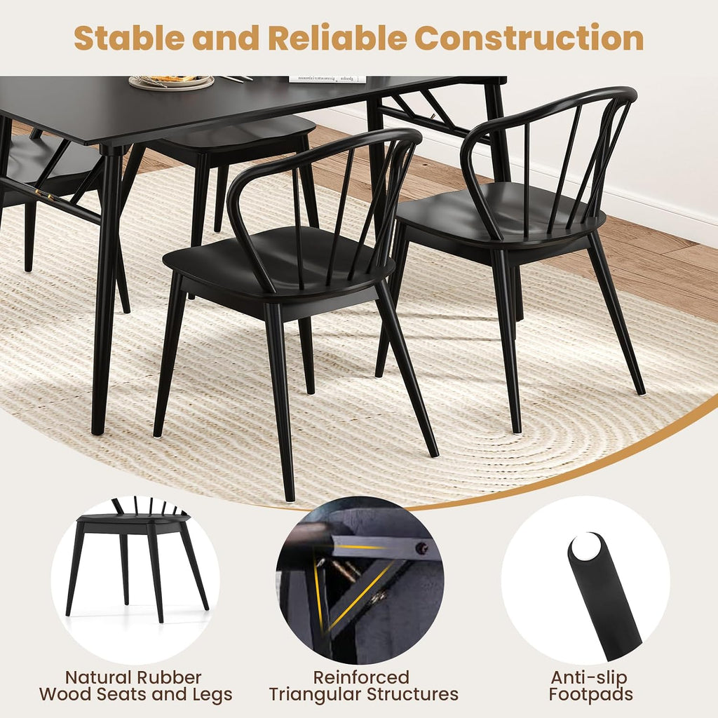 Giantex Wooden Dining Chairs Set of 2, Black Windsor Kitchen Chair w/High Spindle Back & Rubber Wood Legs, Wide Seat & Curved Backrest, Farmhouse Side Chairs, Armless Accent Chair for Home Restaurant
