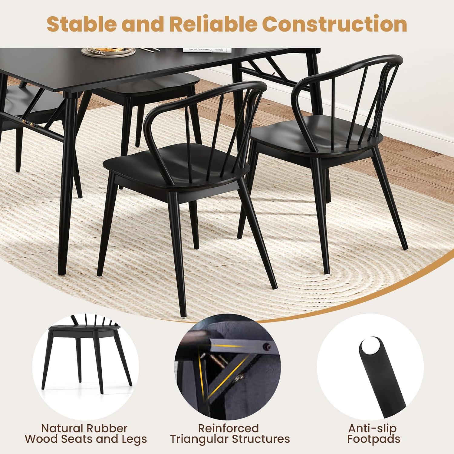 Giantex Wooden Dining Chairs Set of 2, Black Windsor Kitchen Chair w/High Spindle Back & Rubber Wood Legs, Wide Seat & Curved Backrest, Farmhouse Side Chairs, Armless Accent Chair for Home Restaurant