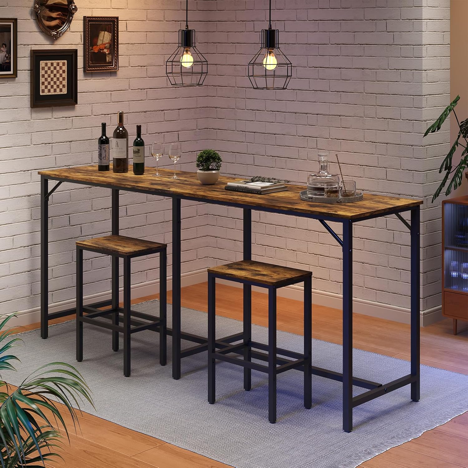 YATINEY 70.9' Bar Table and Chairs Set, Dining Table and Chair Sets, 3 Piece Counter Height Table and 2 Stools, Kithcen Table for Home Restaurant, Bar, Rustic Brown BT09BR