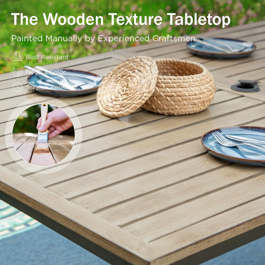 PHI VILLA 64' Rectangle Outdoor Dining Table, Patio Furniture Wood-Like Tabletop with Umbrella Hole for Patio Lawn Backyard Garden, Brown
