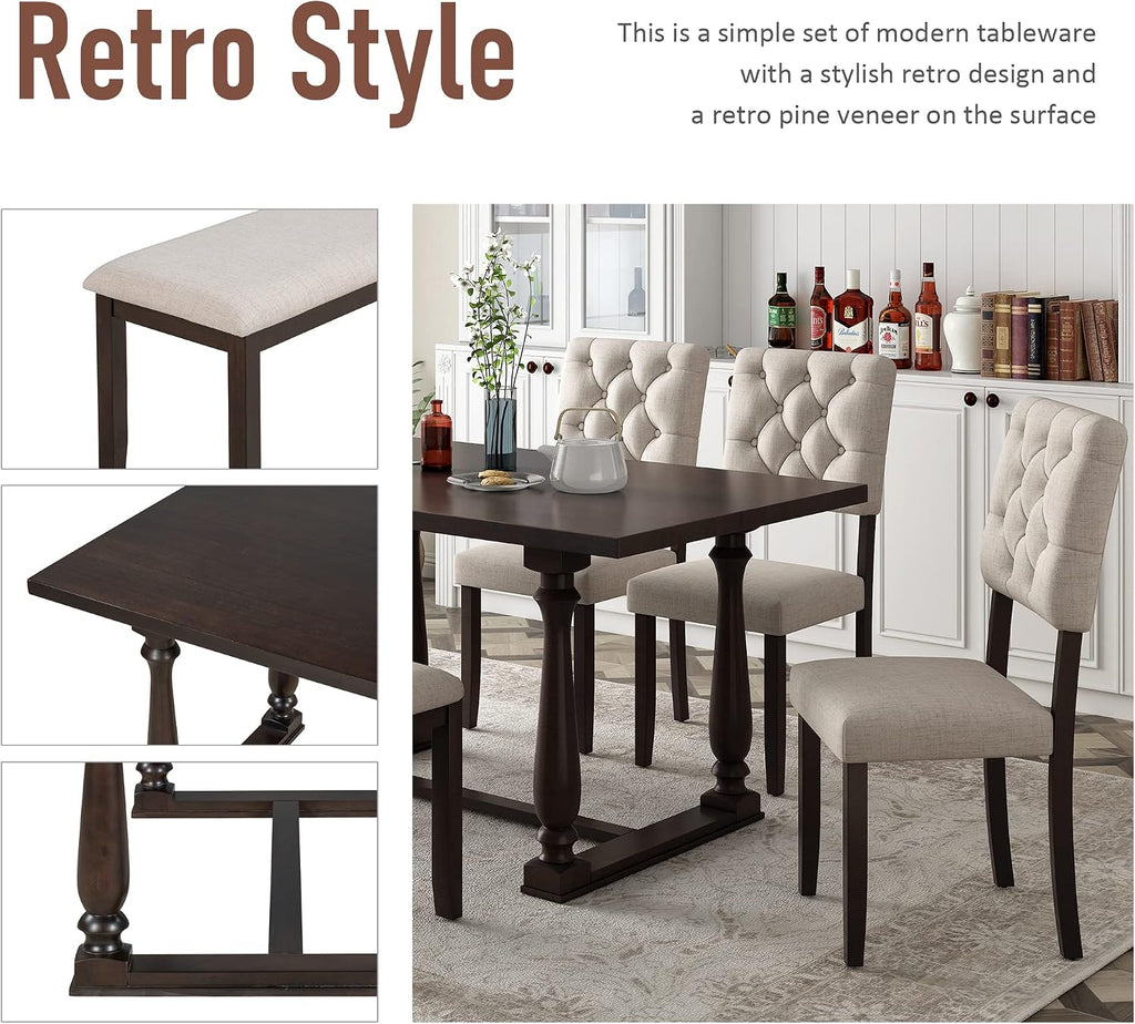 6 Pieces Dining Table Chair Set, Rectangle Dining Table with 4 Upholstered Chairs & a Bench, Wood Kitchen Table Chairs Set for 6 Persons, Modern Style Dining Room Set (Espresso+ Beige)