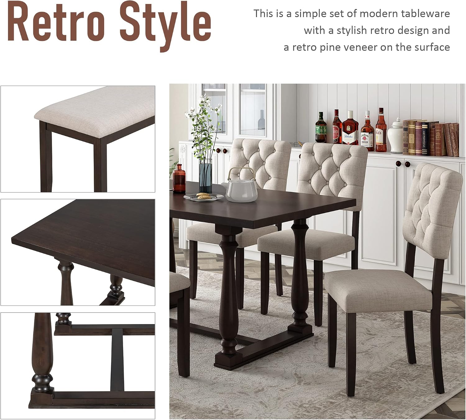 6 Pieces Dining Table Chair Set, Rectangle Dining Table with 4 Upholstered Chairs & a Bench, Wood Kitchen Table Chairs Set for 6 Persons, Modern Style Dining Room Set (Espresso+ Beige)