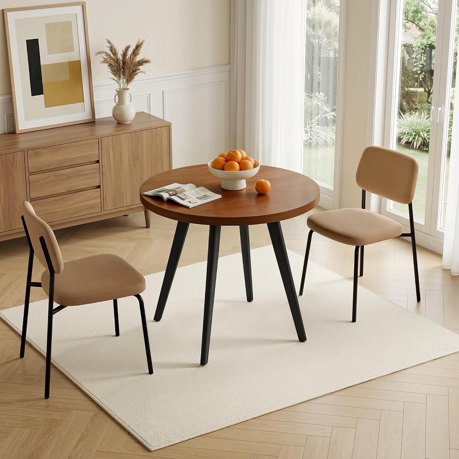 Round Dining Table, Small Dining Table for 2, 31.5' Round Table, Mid-Century Modern Kitchen Table with 1.4' Thickness Wood Grain Tabletop for or Small Space, Dining Room, Kitchen, Brown
