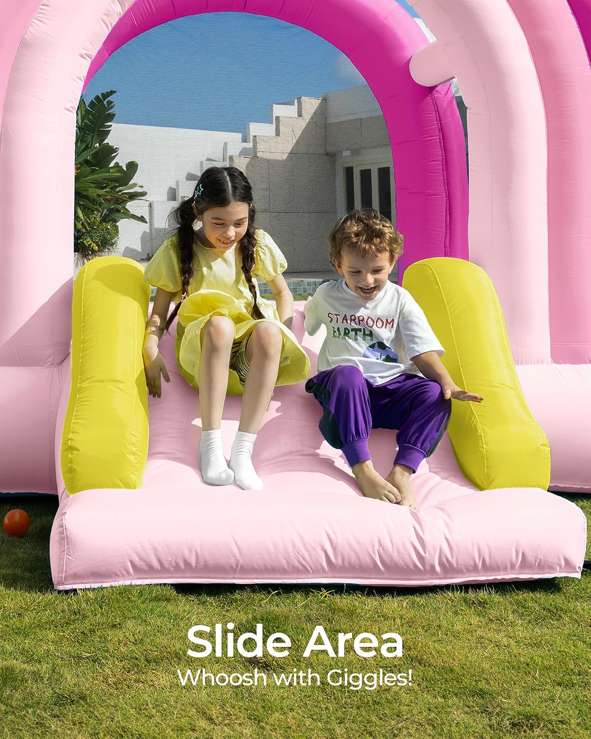 Outfunny Bounce House with Slide, Inflatable Bouncy House for Kids 3-12 w/Ball Pit, Outdoor & Indoor, Bounce Area 8'x8', Capacity 400 lb - Pink