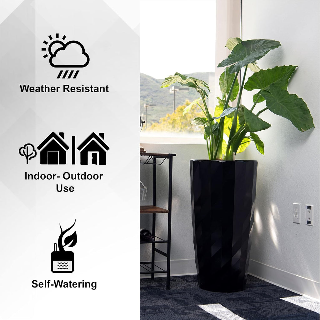 XBrand 30' H Black Plastic Self Watering Indoor Outdoor Diamond Look Round Planter Pot, Tall Decorative Gardening Pot, Home Décor Accent