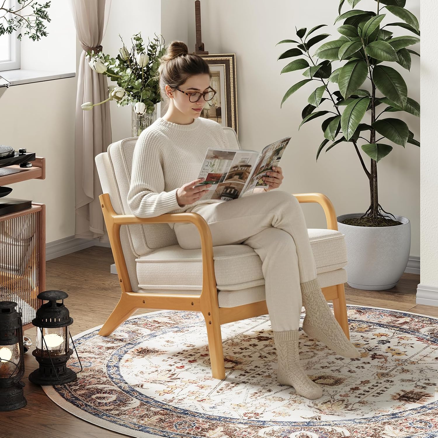 MALOL Mid-Century Accent Chair with Solid Wood Frame, Reading Relaxing Armchair Lumbar Pillow& Soft Cushion, Leisure Chair for Living Room, Bedroom, Waiting Room-Beige