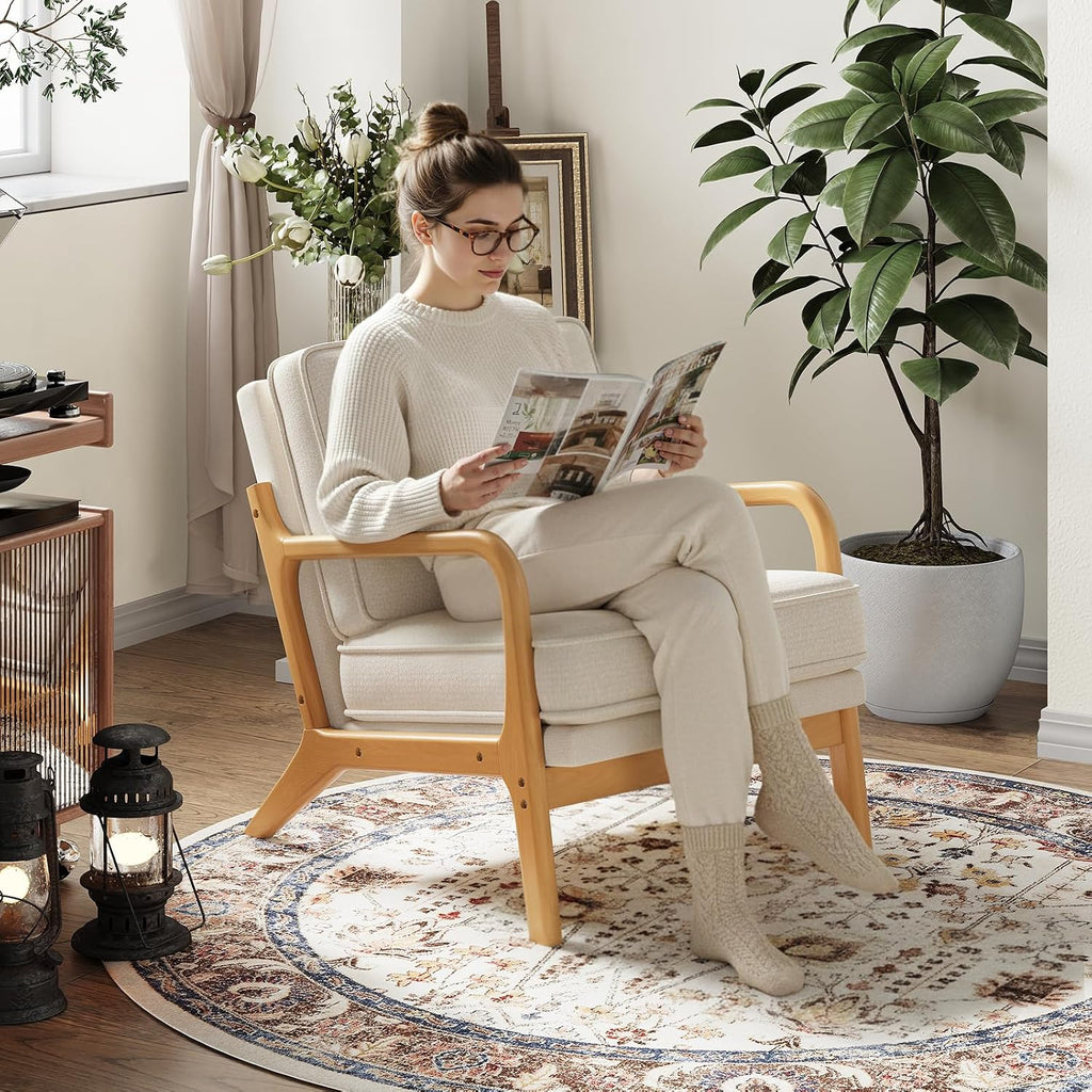 MALOL Mid-Century Accent Chair Set of 2 with Solid Wood Frame, Reading Relaxing Armchair Lumbar Pillow& Soft Cushion, Leisure Chair for Living Room, Bedroom, Waiting Room-Beige