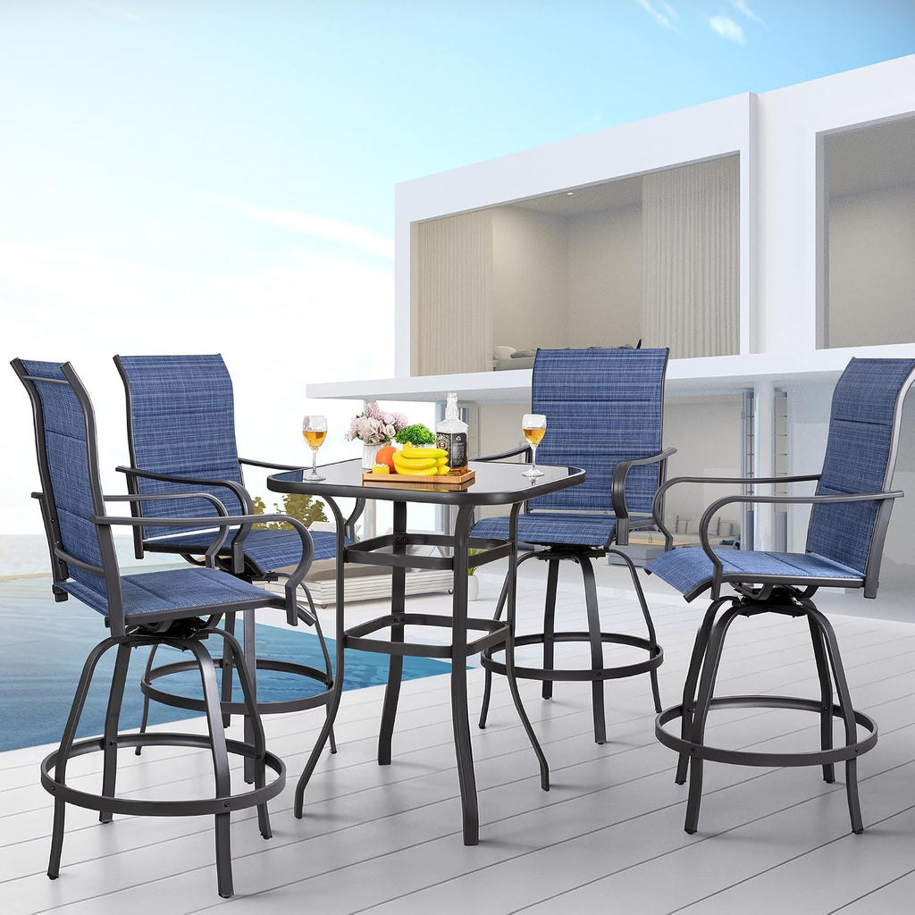 Shintenchi 5 Piece Patio Swivel Bar Stools Set, Outdoor Patio Bar Table and Chairs Set, All Weather Bar Height Chairs Set of 4, High Top Bistro Set Furniture for Balcony, Backyard, Padded Deep Blue