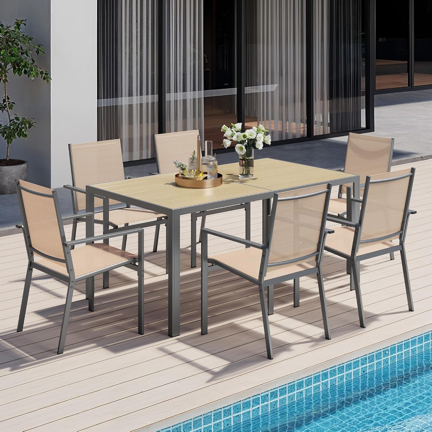 Ahomly Patio Table and Chairs Set for 6, Outdoor Dining Set Includes 59.5' Rectangle Patio Table with Side Umbrella Hole and 6 Textilene Fabric Patio Chairs for Backyard, Courtyard, Poolside, Brown