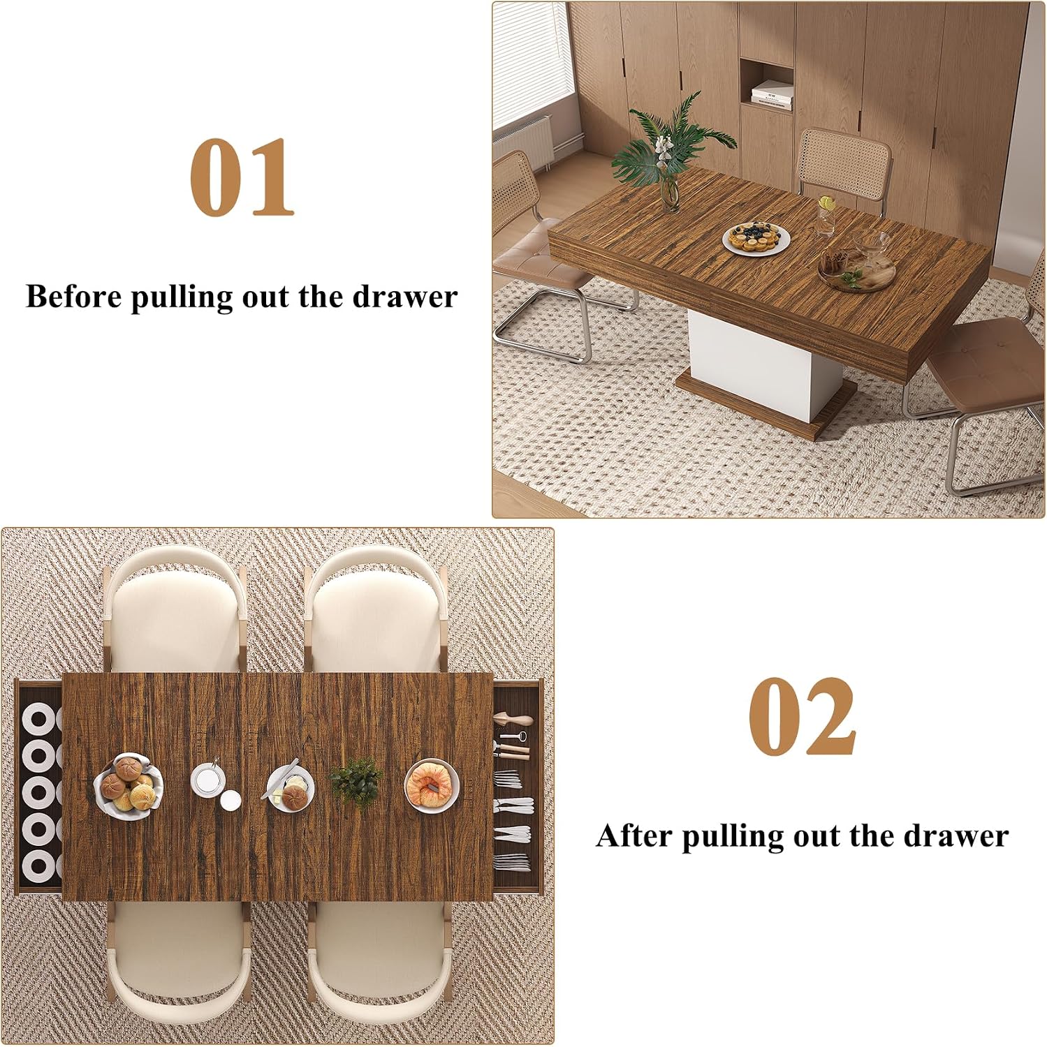 Dining Table with Drawers for 4-6 People, 55 Inches Dinner Table with Led Lights Wooden Pedestal Base, Rectangular Kitchen Table for Kitchen, Living Room, White& Rustic Brown