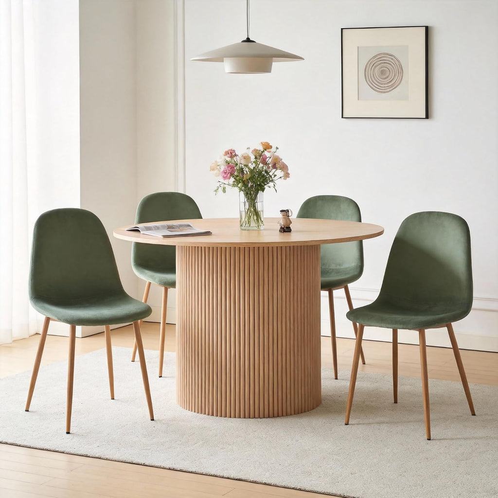 Dining Table Set for 4, Mid Century Modern 47 Inch Wooden Round Dining Table Set, Space Saving (Table + 4 Green Chairs)