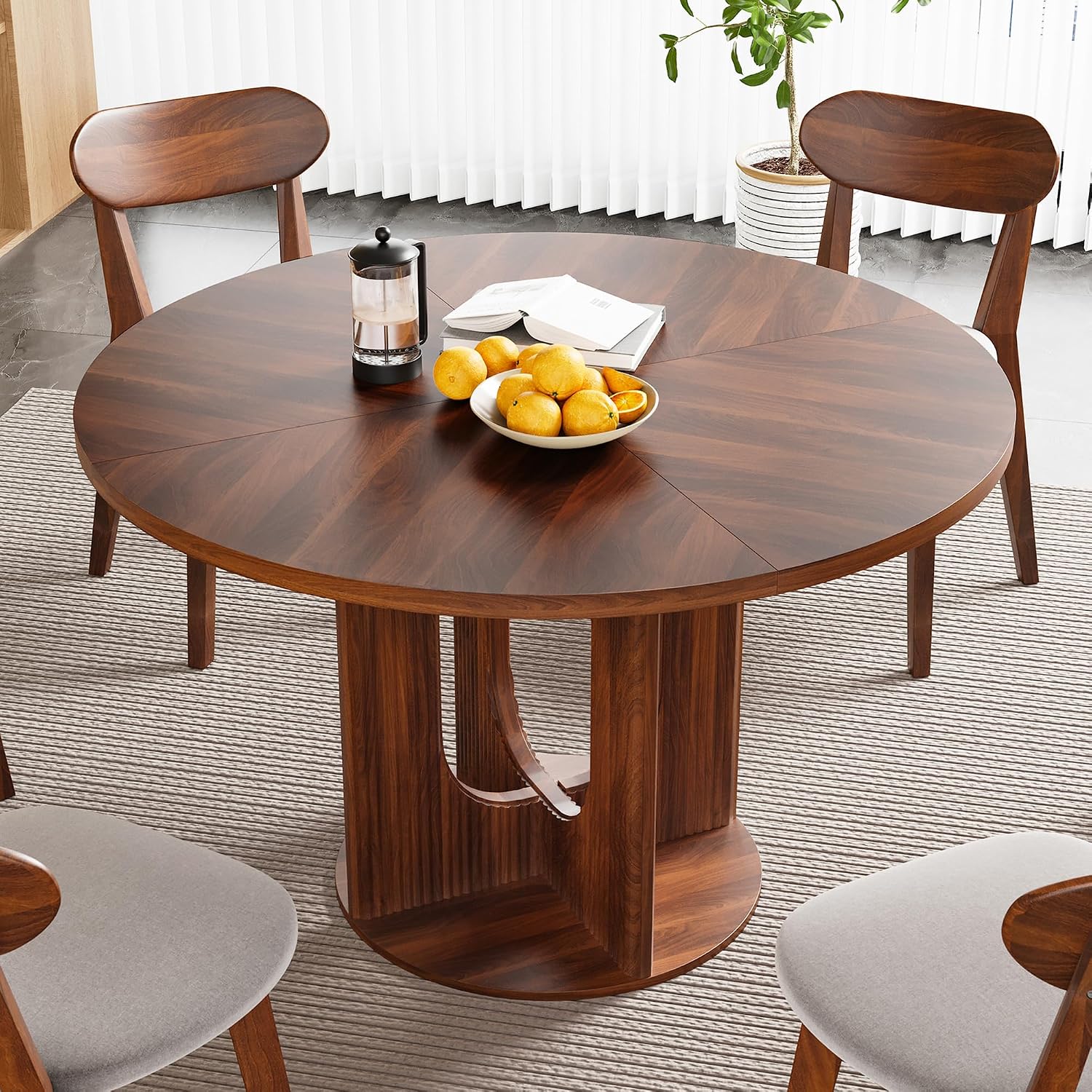 weselon Farmhouse Round Fluted Dining Table for 4, 47 Inch Circle Kitchen Table with Wooden Pedestal Base, Dinner Tables for Home Living Room Kitchen (Walnut)