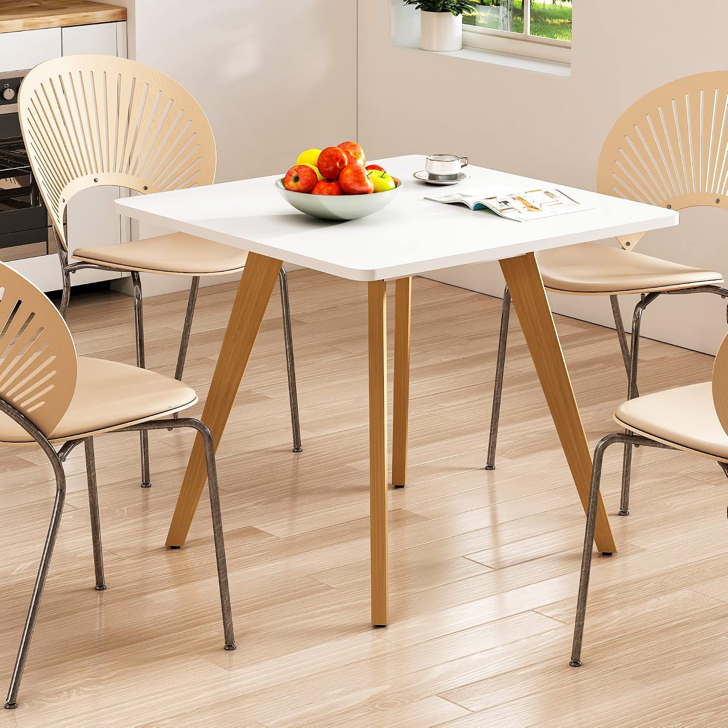 Comfy to go 27.6' Square Dining Table for 2-4 Person - Small Kitchen Table with Soild Wood Legs Mid Century Modern Table for Dinning Room, Kitchen,Small Speace (White)