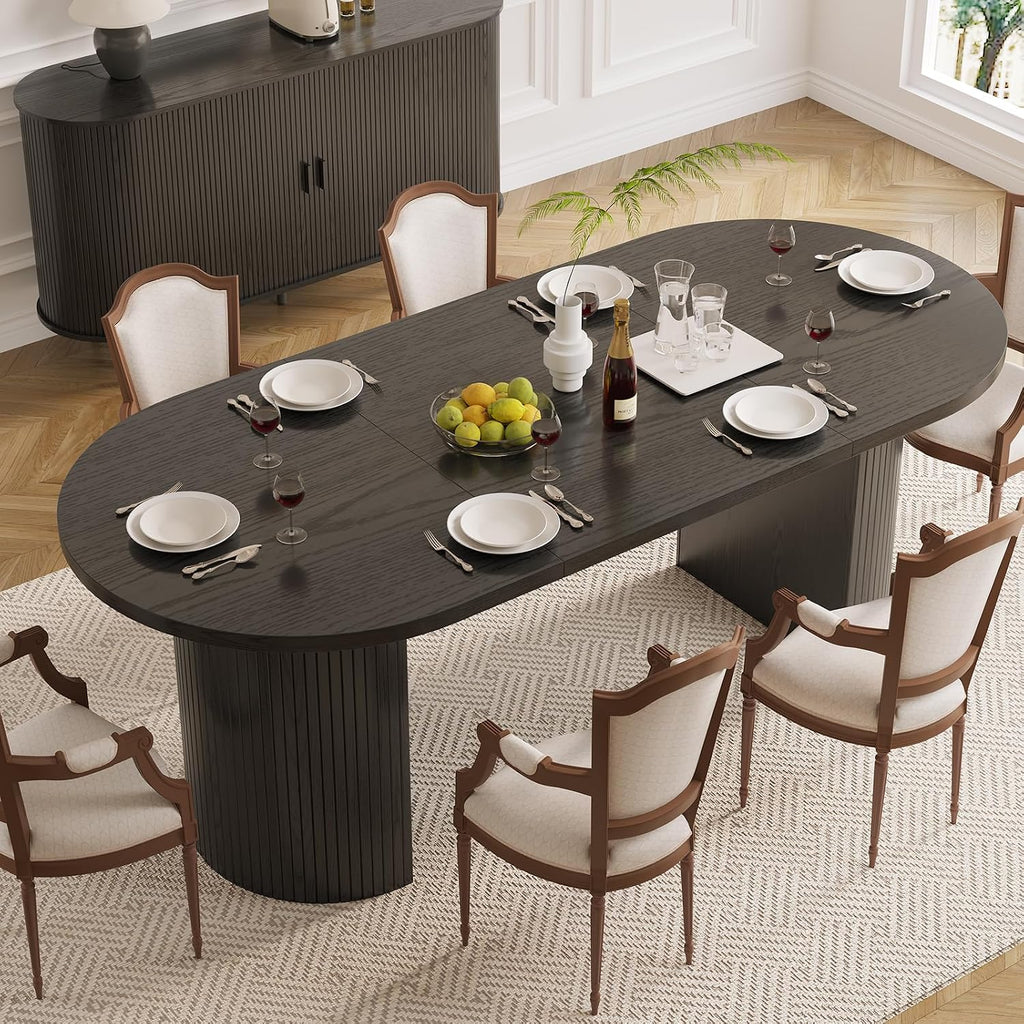 ONBRILL 70.8 Inch Dining Table for 4-6, Oval Dining Room Table with Curved Fluted Wood Strip Base, Mid-Century Modern Kitchen Tables with Footpads, Dinner Tables for Living Room, Dining Room, Black