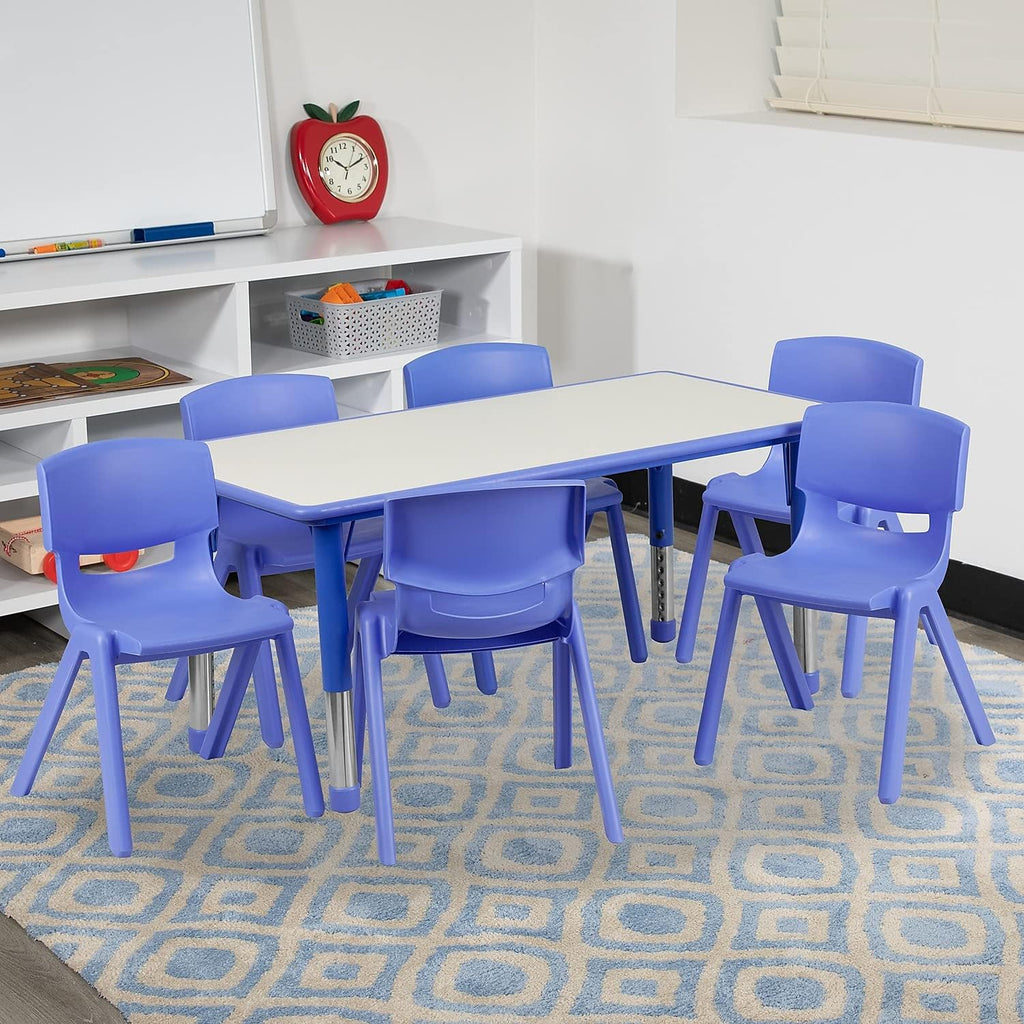 Flash Furniture Emmy Adjustable Classroom Activity Table with 6 Stackable Chairs, Plastic Activity Table for Kids, 23.625' W x 47.25' L, Blue/Gray