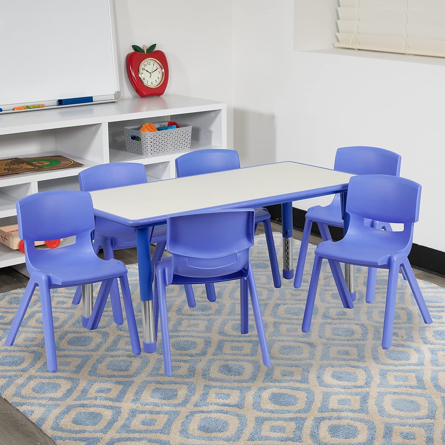Flash Furniture Emmy Adjustable Classroom Activity Table with 6 Stackable Chairs, Plastic Activity Table for Kids, 23.625' W x 47.25' L, Blue/Gray