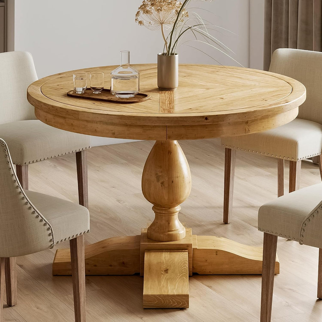 47' Round Dining Table with Wooden Pedestal Base, Antique Pine Wood Dinner Table for 4, Heavy Duty Pedestal Table for Kitchen/Dining Room/Living Room/Restaurant, Weathered Brown