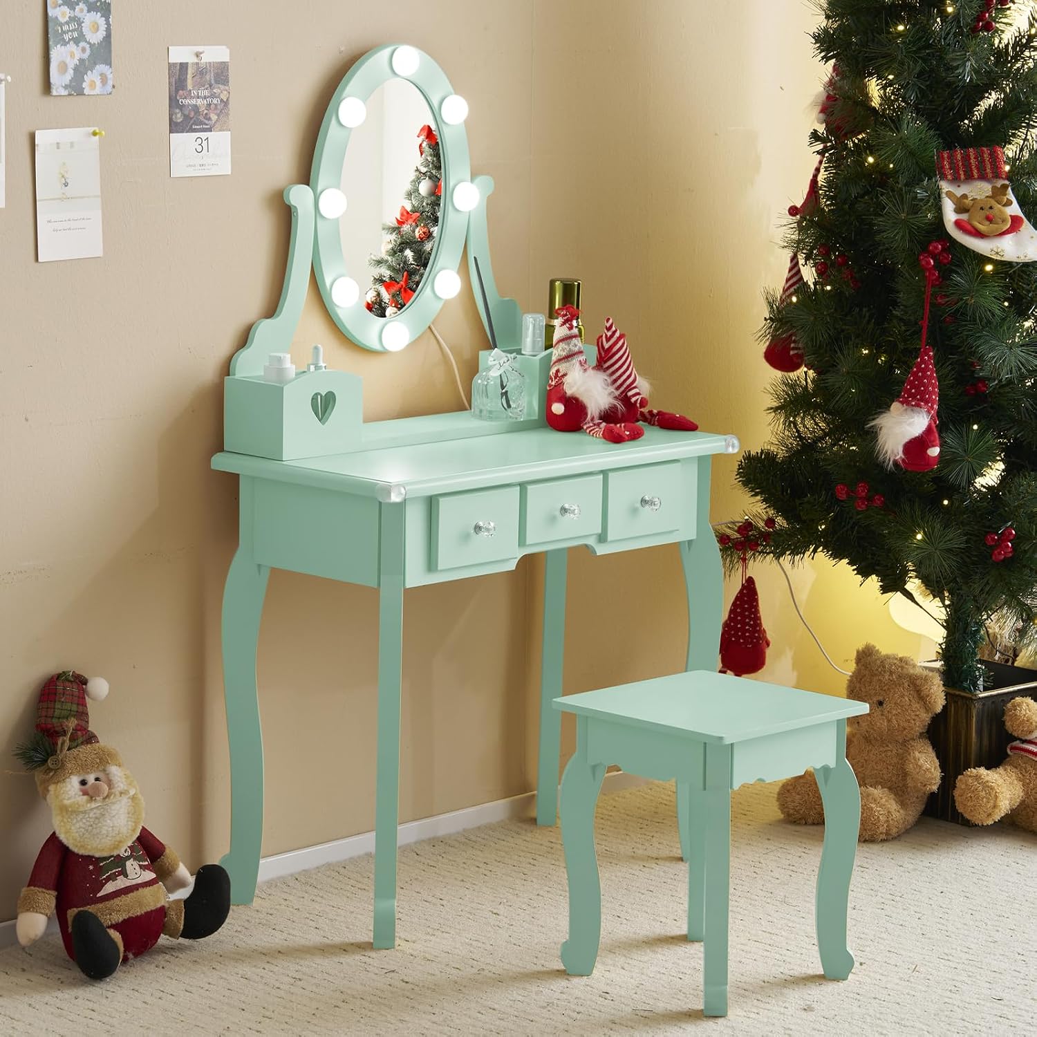 Karl home Kids Vanity Table and Chair Set, Princess MDF Dressing Table with 3-Color LED Lighted Mirror and 3 Drawers, Lovely Waved Design for Toddler's Bedroom and Playroom Decor, Macaroon Green
