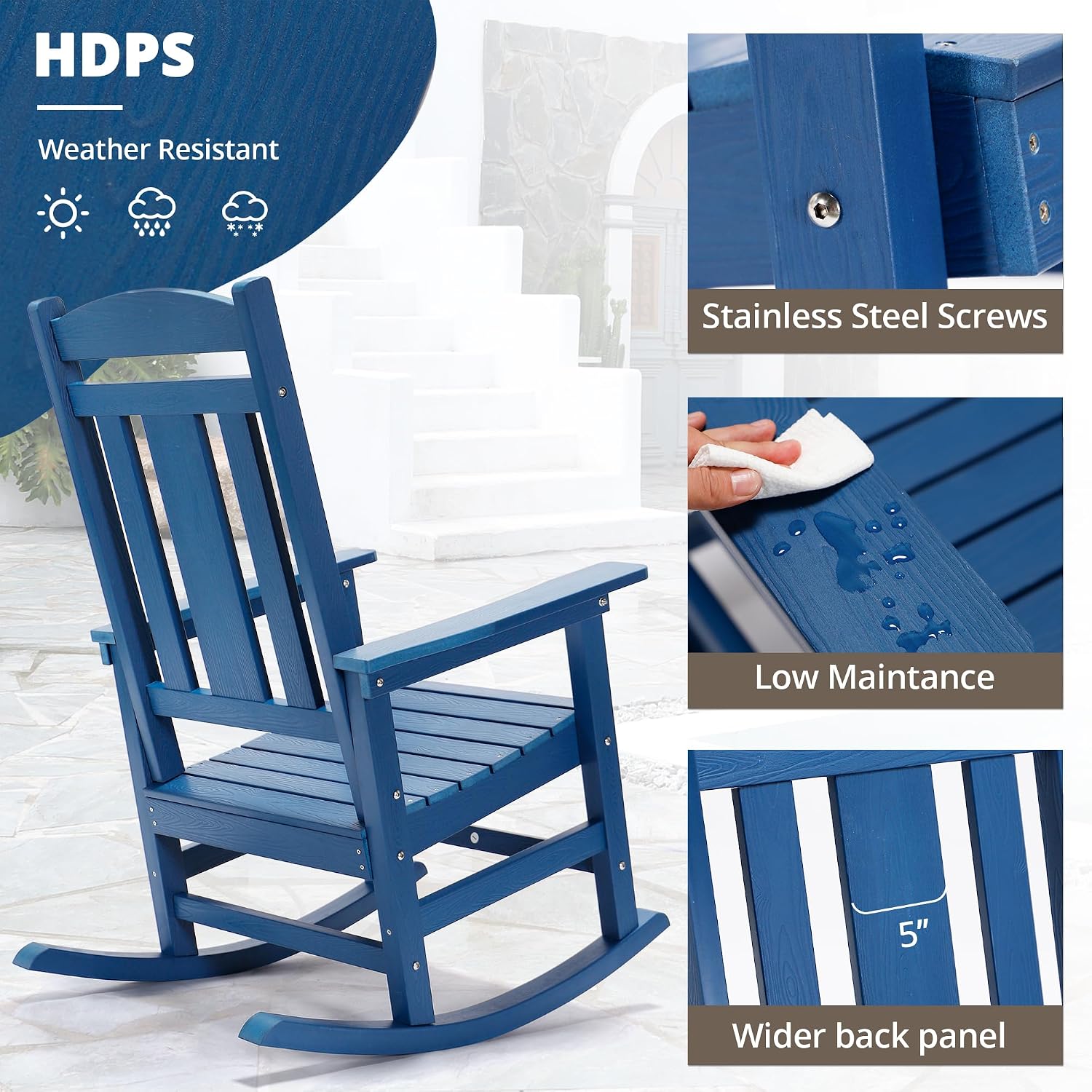 LUE BONA Outdoor Rocking Chairs Set, 3-Piece, HDPS Poly Porch Rockers with Table, Plastic Weather Resistant Rocking Chair Set for Outdoor Indoor, Garden, Backyard, 350lb, Navy Blue Chairs+Table