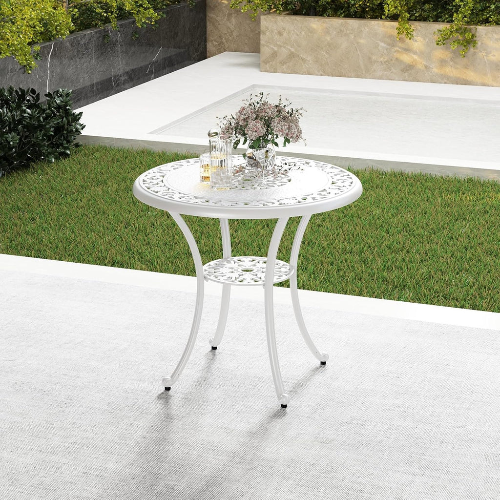 Tangkula 31.5' Cast Aluminum Patio Dining Table, Round Outdoor Bistro Table with 2' Umbrella Hole, Outdoor Side Table for Backyard, Lawn, Deck and Garden, White