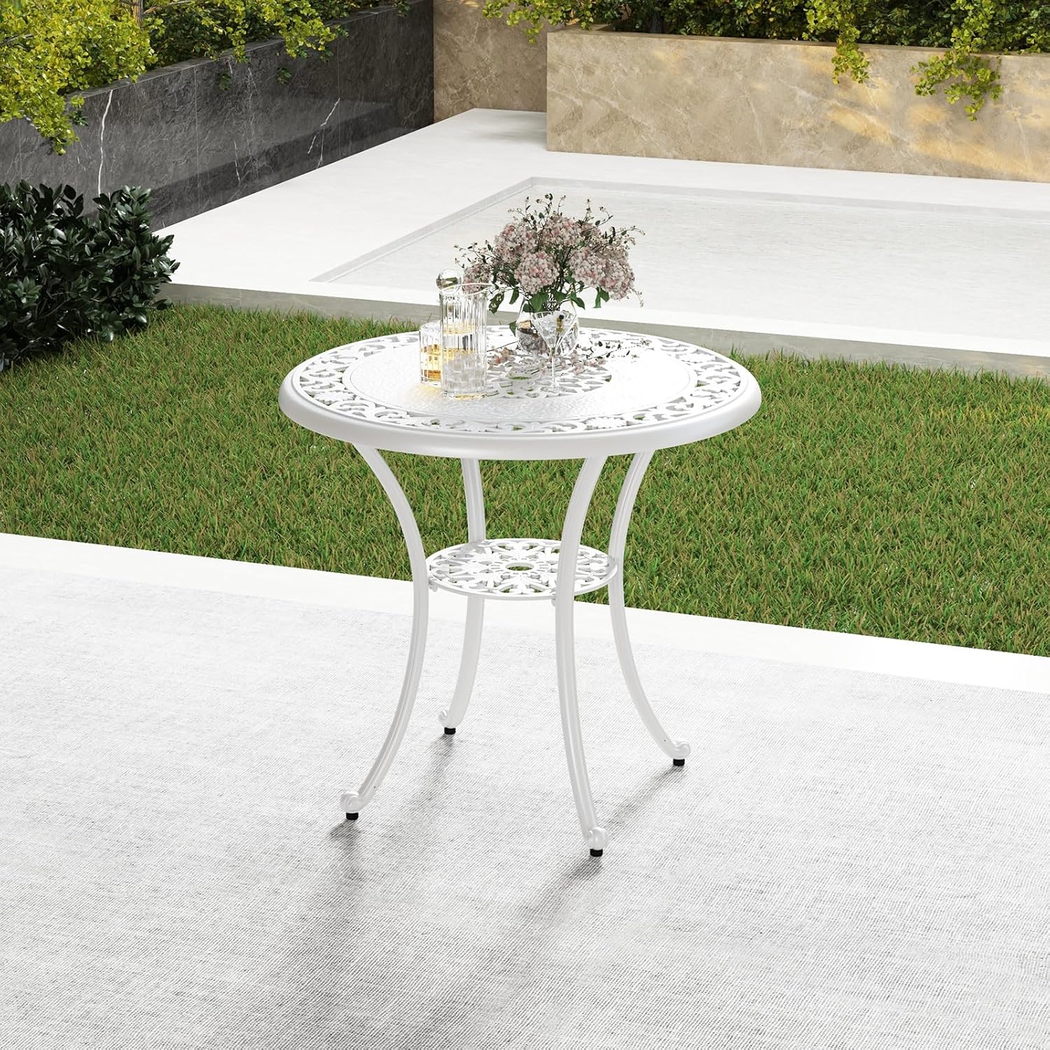 Tangkula 31.5' Cast Aluminum Patio Dining Table, Round Outdoor Bistro Table with 2' Umbrella Hole, Outdoor Side Table for Backyard, Lawn, Deck and Garden, White