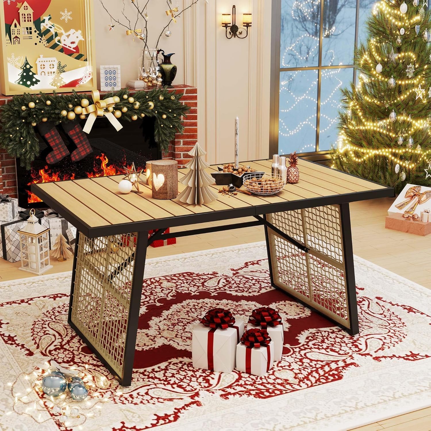 YITAHOME Dining Table 59.1'x34.3' Rectangular Patio Table with Metal Frame & Rattan Mesh All-Weather Outdoor Patio Dining Table for 6 Outdoor Table with Adjustable Feet for Outdoor/Indoor