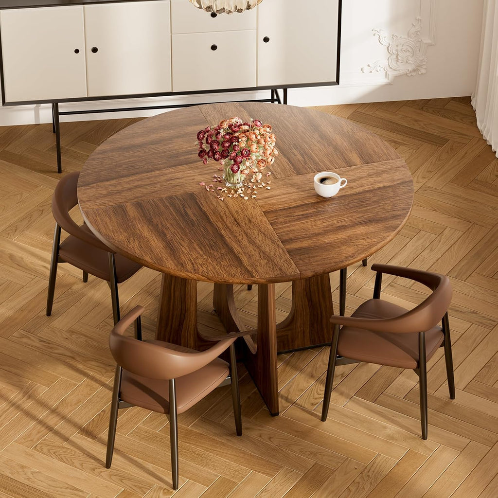 47' Round Dining Table for 4-6, Farmhouse Wood Kitchen Table, Mid-Century Wooden Circle Dinner Room Table Easy Assembly for Dining Room, Kitchen, Living Room (Brown)