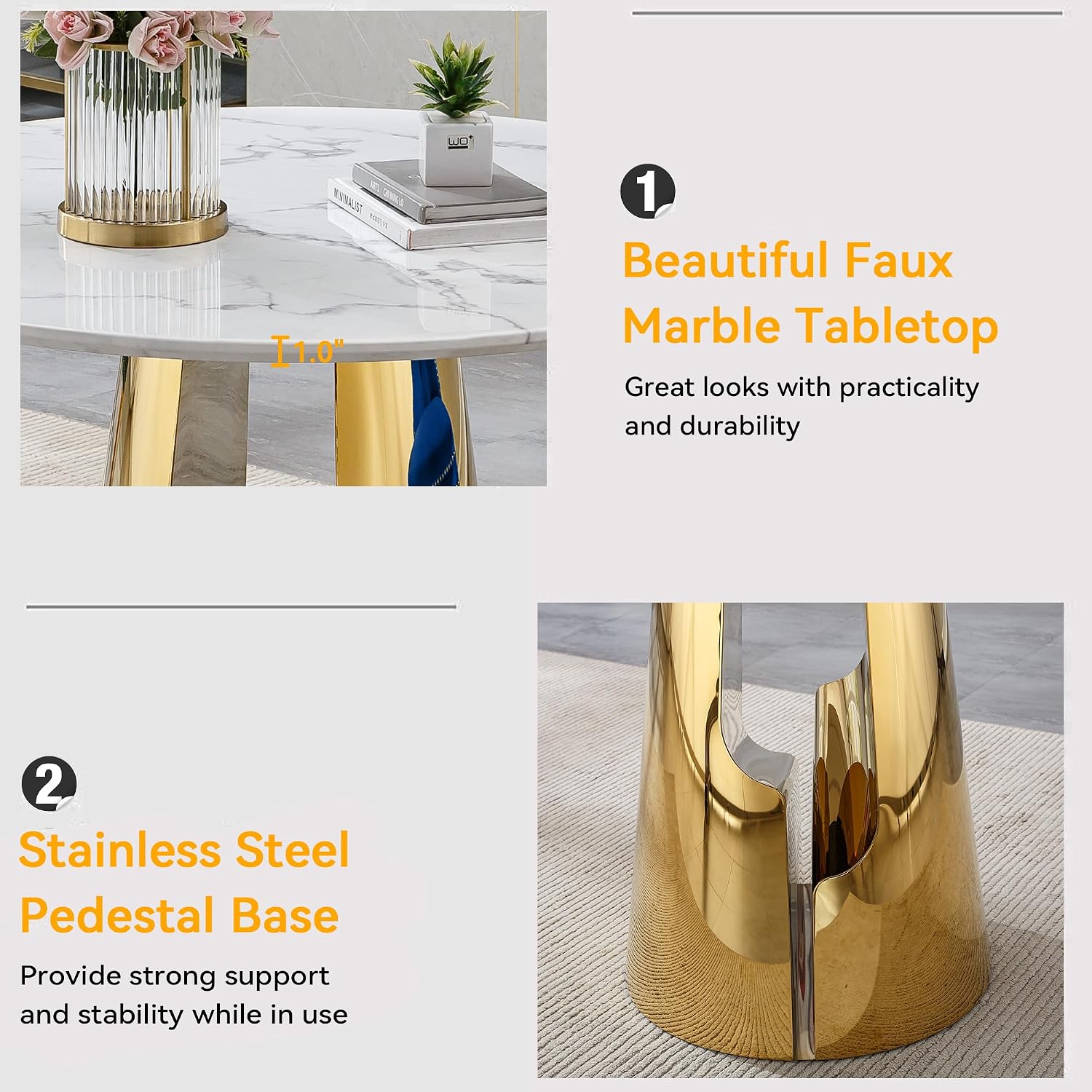 45 inch Round Dining Table for 4 to 6, Modern Circle Dining Table with White Faux Marble Tabletop & Golden Cylindrical Base, Small Kitchen Dining Room Table for Breakfast Dinette Dinner Dinning Room