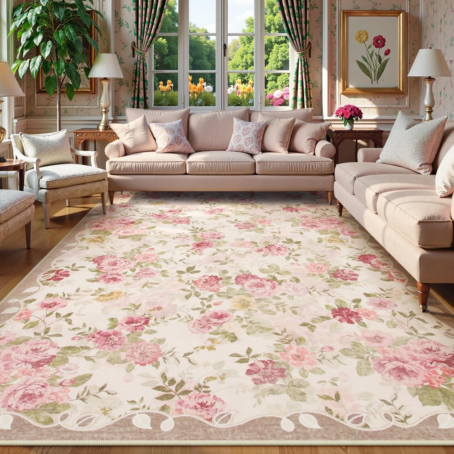 Lahome Floral Washable Rugs 9x12, Large Area Rugs 9x12 Living Room,Soft Non-Slip Thin Vintage Boho Bedroom Carpet for Dining Room Playroom Nursery Farmhouse, Nina Beige/Pink/Multi