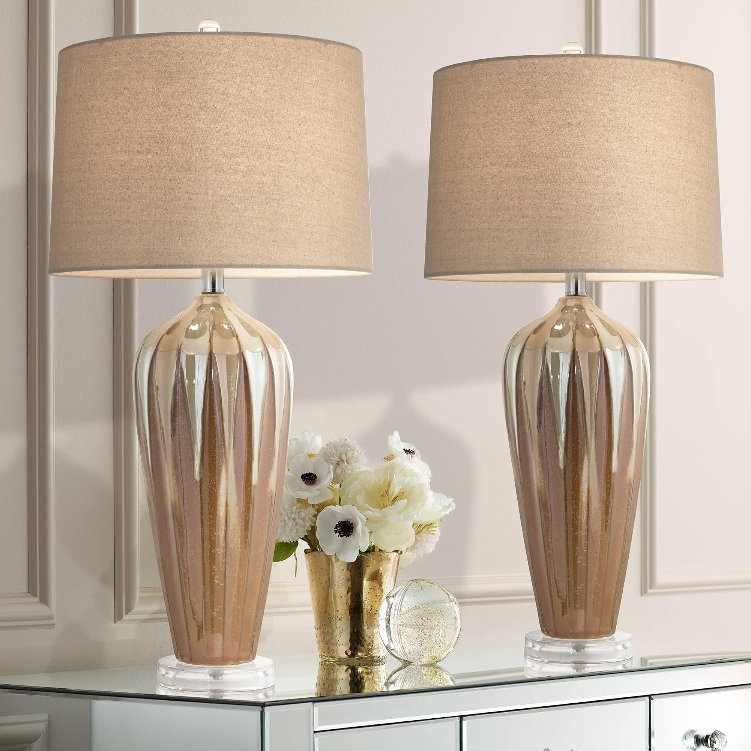 Possini Euro Design Loren 28 1/4' Tall Modern End Table Lamps Set of 2 Ivory Handcrafted Brown Ceramic Living Room Bedroom Bedside Nightstand House Office Home Reading Kitchen Entryway Console