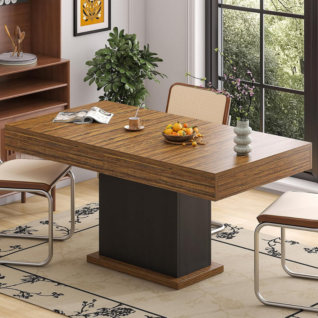 Dining Table with Drawers for 4-6 People, 55 Inches Dinner Table with Led Lights Wooden Pedestal Base, Rectangular Kitchen Table for Kitchen, Living Room, Black& Rustic Brown