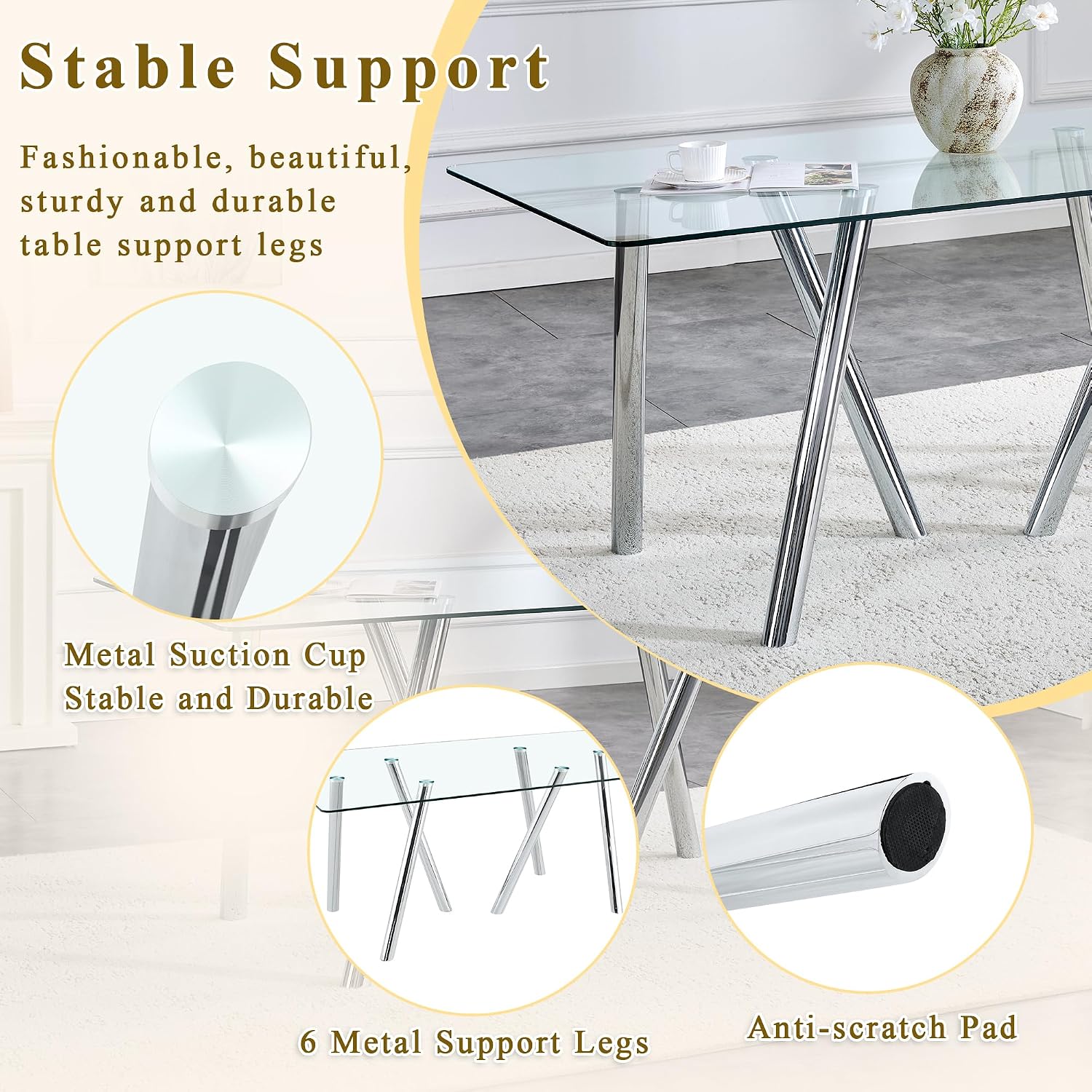 71' Glass Silver Dining Table for 4 6, Modern Kitchen Dining Room Table with 0.39' Thick Tempered Glass Tabletop and Metal Legs, Large Rectangle Dinner Tables for Home Kitchen Living Room