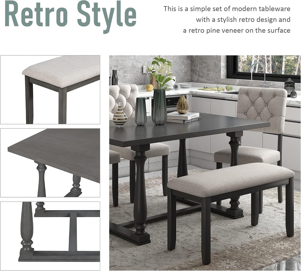 6 Pieces Dining Table Chair Set, Rectangle Dining Table with 4 Upholstered Chairs & a Bench, Wood Kitchen Table Chairs Set for 6 Persons, Modern Style Dining Room Set (Gray+ Beige)