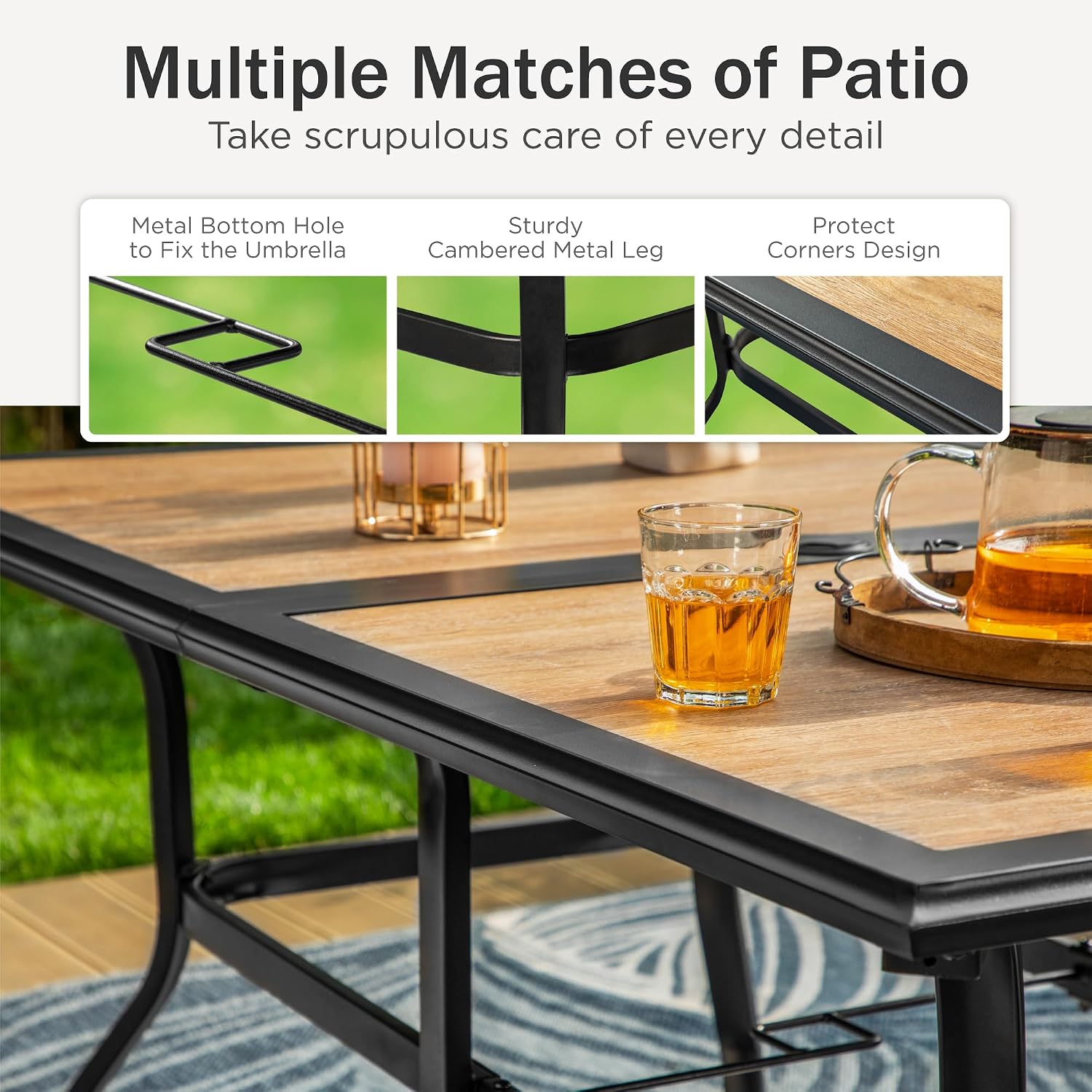 PHI VILLA Outdoor Dining Table for 6, 60' Metal Rectangle Metal Steel Table with Polywood Tabletop, Modern Long Furniture for Patio, Deck, Porch, Yard