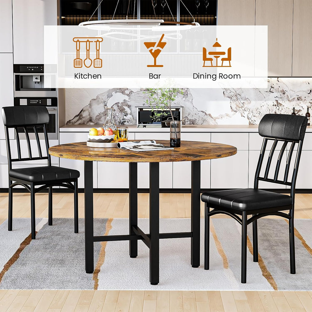 AWQM Round Dining Table Set for 4, Wood Circle Kitchen Table and Chairs Set for 4, Modern Dining Room Sets with 4 Faux Leather Chairs, Round Dinner Table for Small Space, Walnut