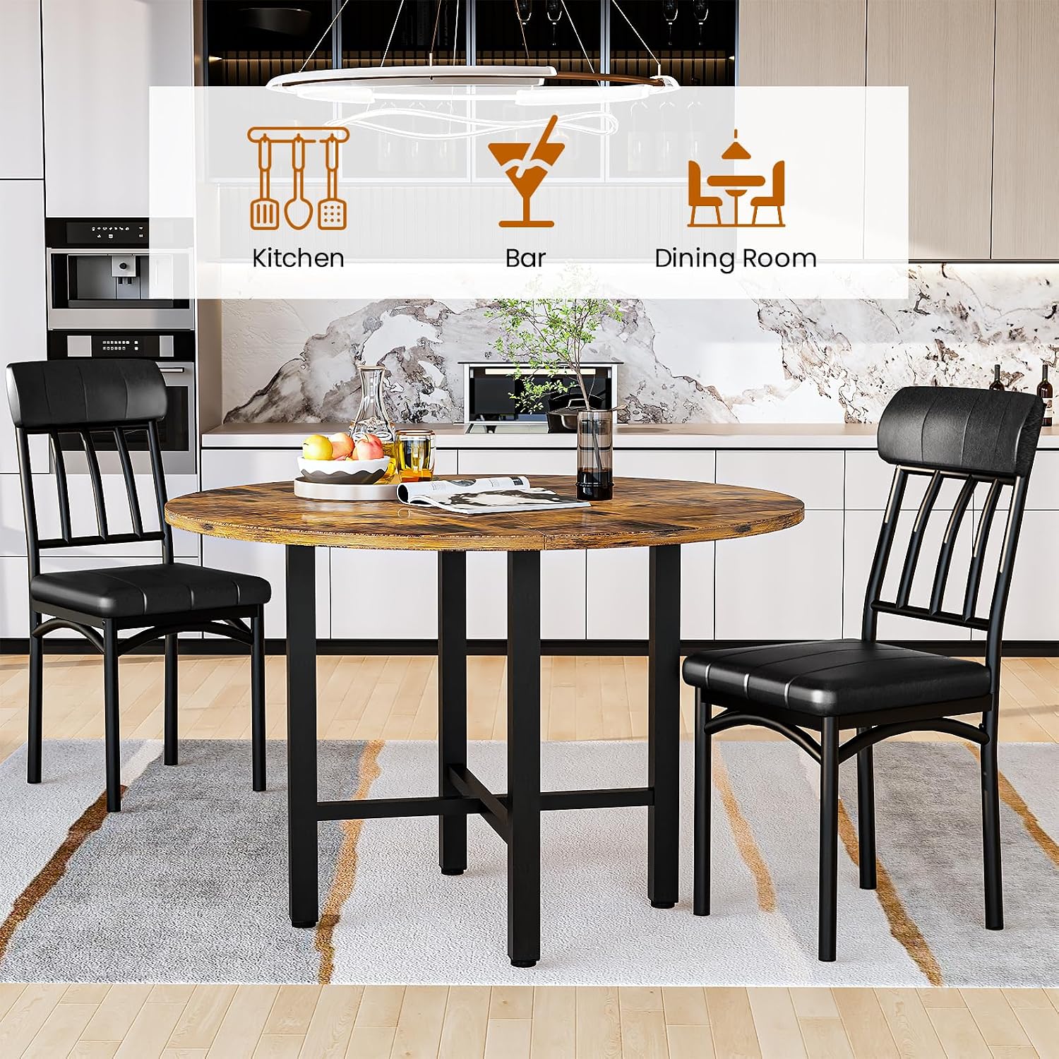 AWQM Round Dining Table Set for 4, Wood Circle Kitchen Table and Chairs Set for 4, Modern Dining Room Sets with 4 Faux Leather Chairs, Round Dinner Table for Small Space, Walnut