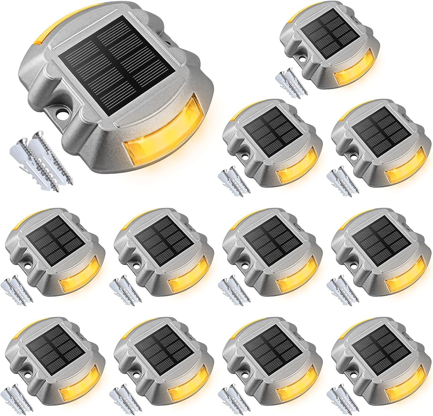 VOLISUN Solar Deck Lights Driveway Dock Light, 12-Pack Led IP68 Waterproof Outdoor Warning Step Lights for Driveway Sidewalk Garden Pathway Yard(Warm White, Auto On/Off