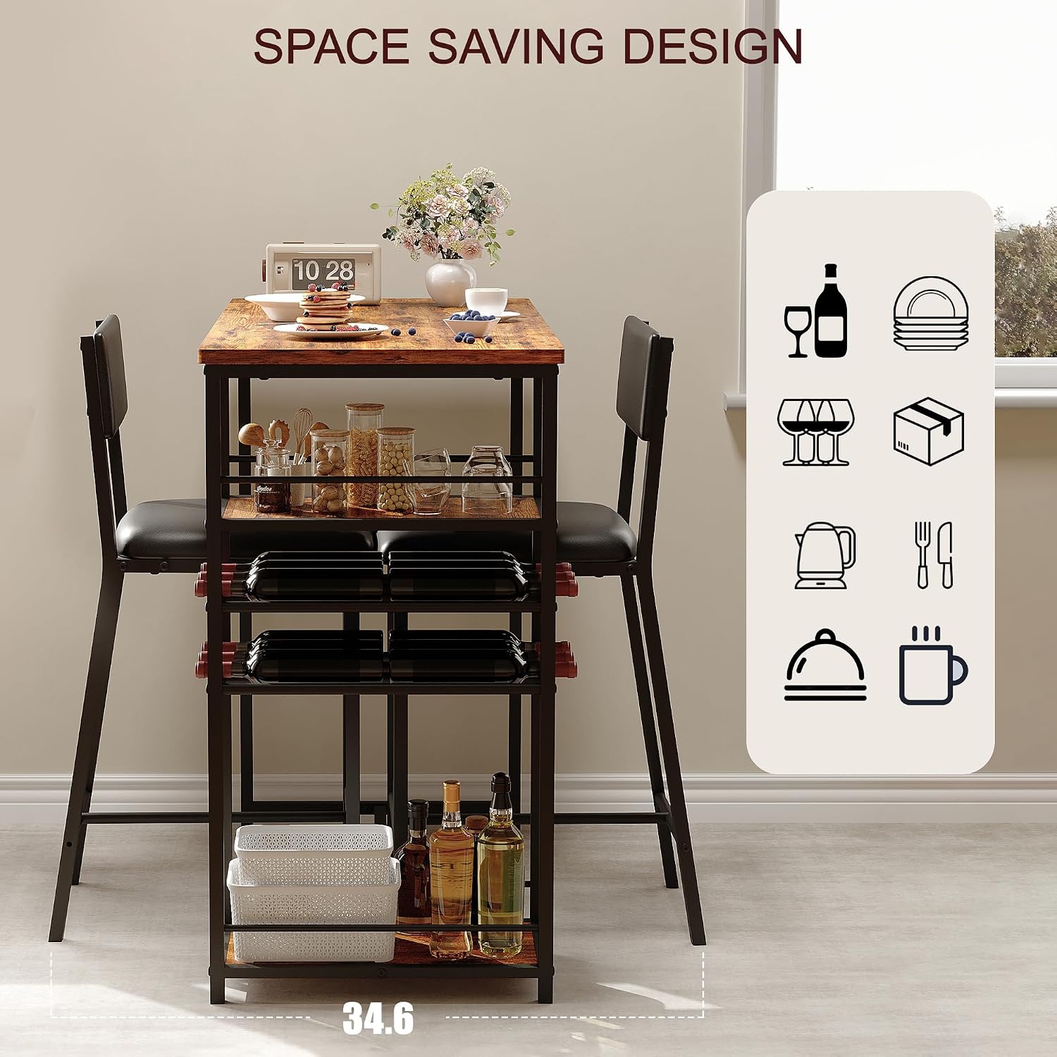Dining Table Set for 2, Counter Height Table with 2 Upholstered Chairs and Storage Shelves, Bistro Table and Chair Set of 2, Kitchen Table Set for Small Space (Brown Table and 2 Upholstered Chairs)