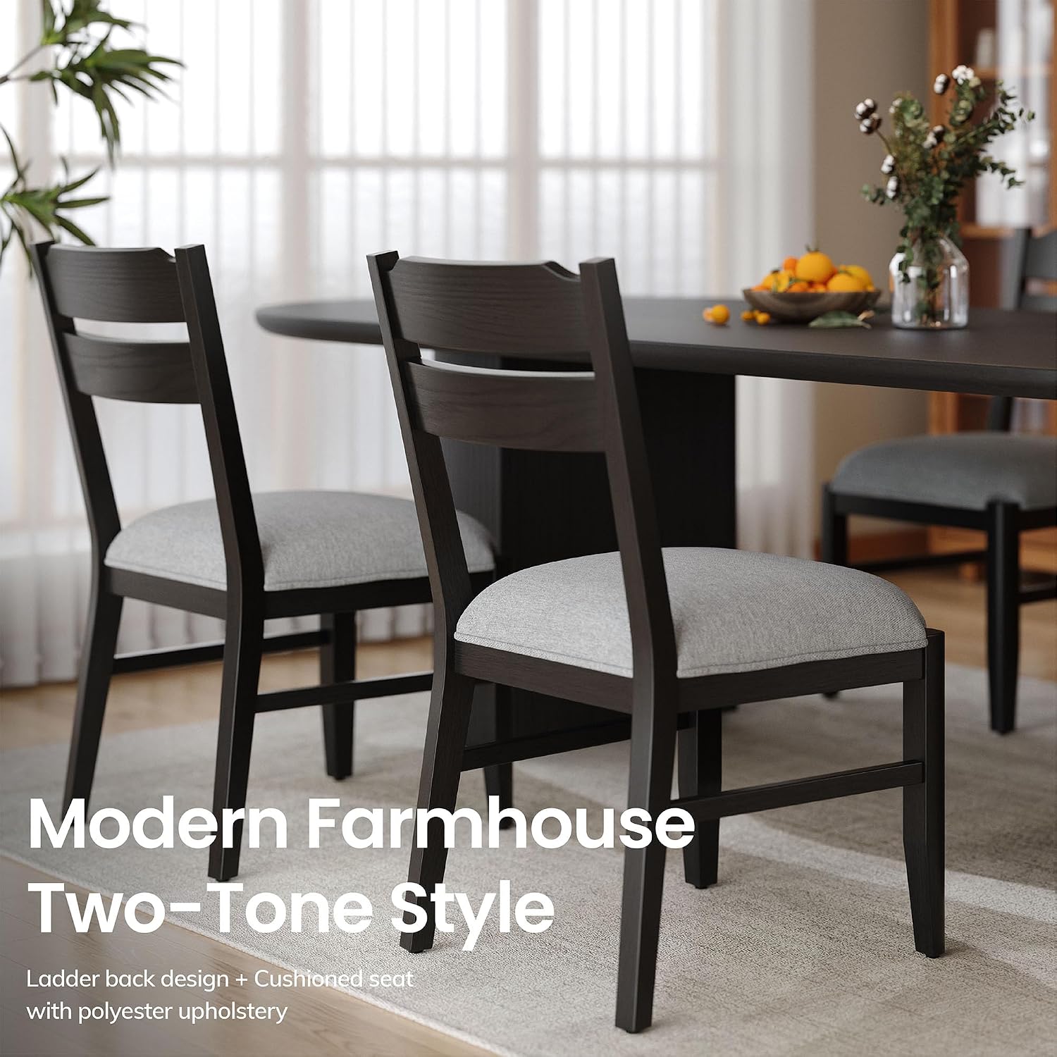 COLAMY Solid Wood Dining Chairs Set of 2, Modern Farmhouse Dining Room Chairs with 3.2' Thick Upholstered Seat, Ladder Back Kitchen Chairs for Breakfast Nook, Black