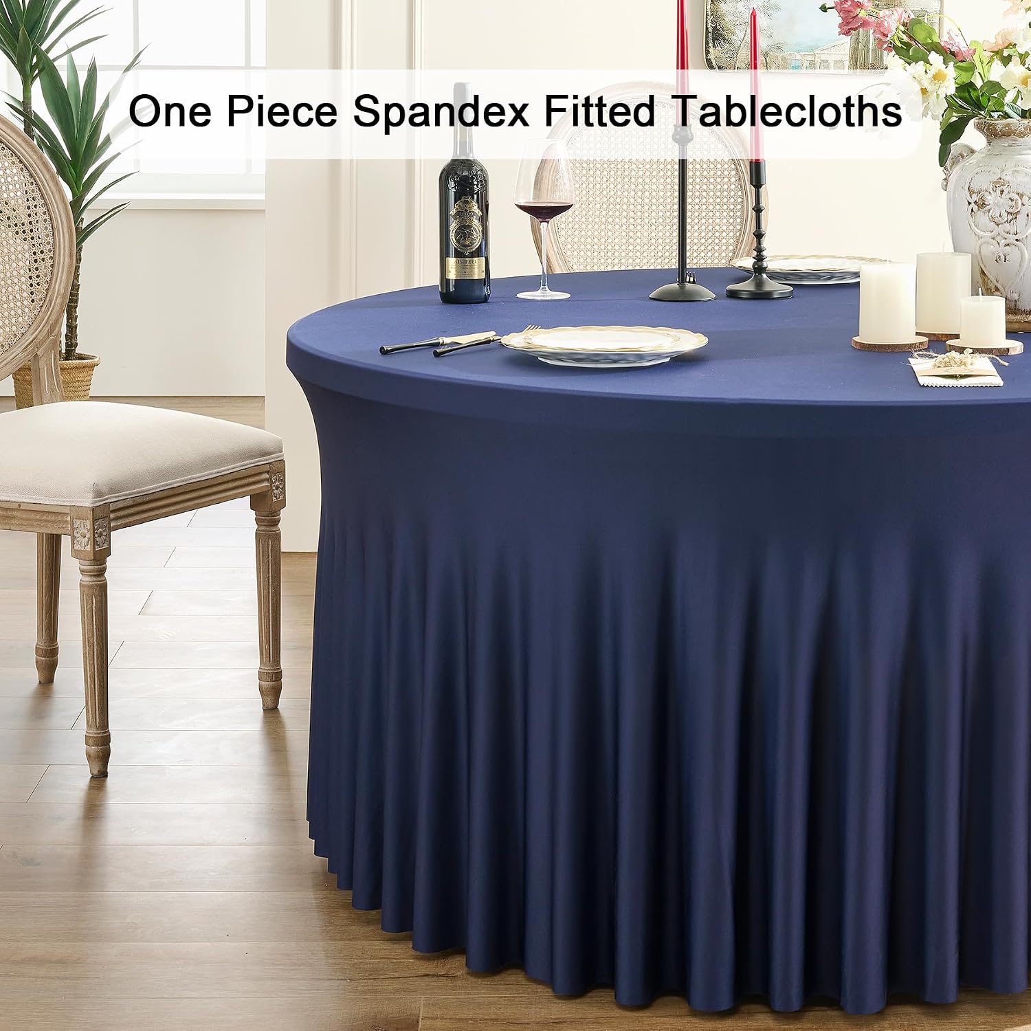 Outpain 8 Pack Navy Blue Spandex Round Tablecloths - Fitted 132in Wrinkle Free Table Covers with Skirt for 72in Table, Wedding Party Dining Banquet