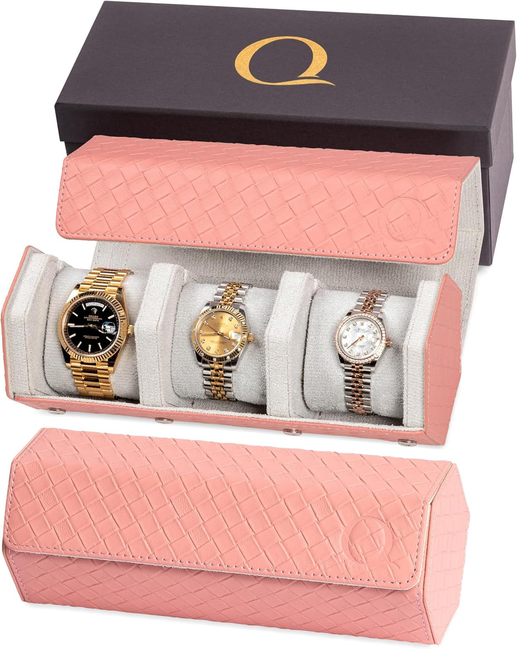 QWATCHBANDS Ladies Leather Watch Rolls for Women - Hexagon Triple Watch Roll Travel Case for 3 Watches - Storage Organizer Genuine Leather with Velvet Interior Display (Woven Pink/Gray)