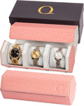 QWATCHBANDS Ladies Leather Watch Rolls for Women - Hexagon Triple Watch Roll Travel Case for 3 Watches - Storage Organizer Genuine Leather with Velvet Interior Display (Woven Pink/Gray)