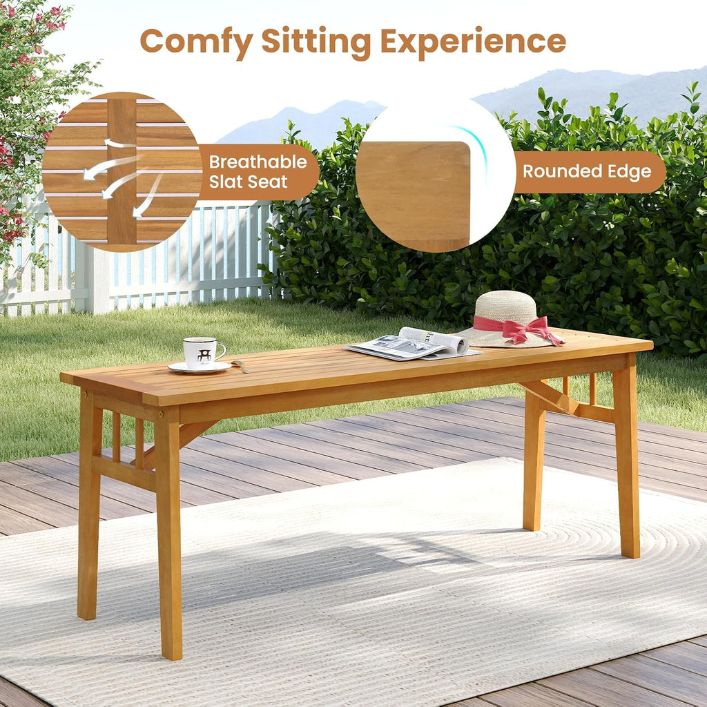 Tangkula 3 Pieces Patio Dining Set, Acacia Wood Space Saving Outdoor Rectangular Picnic Table with 1.97' Umbrella Hole and 2 Benches, for Yard, Garden and Poolside
