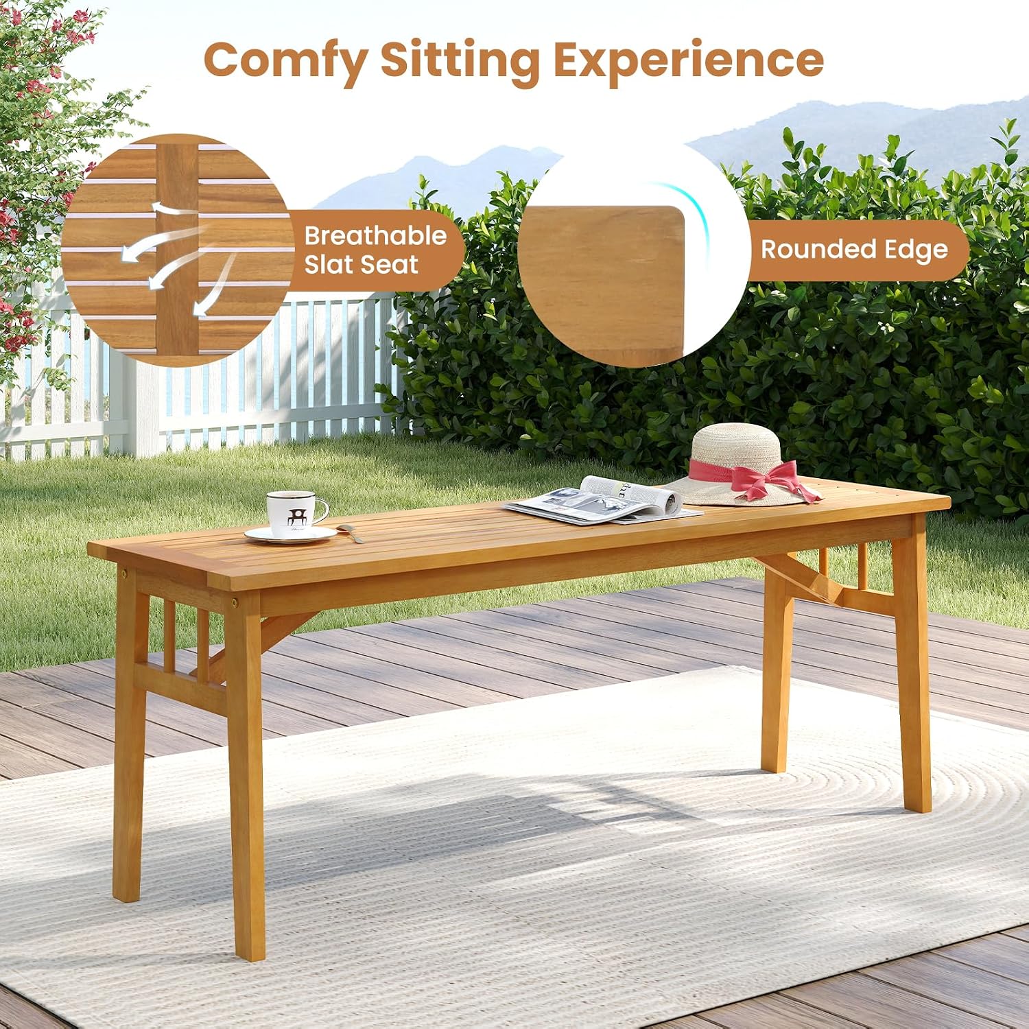 Tangkula 3 Pieces Patio Dining Set, Acacia Wood Space Saving Outdoor Rectangular Picnic Table with 1.97' Umbrella Hole and 2 Benches, for Yard, Garden and Poolside
