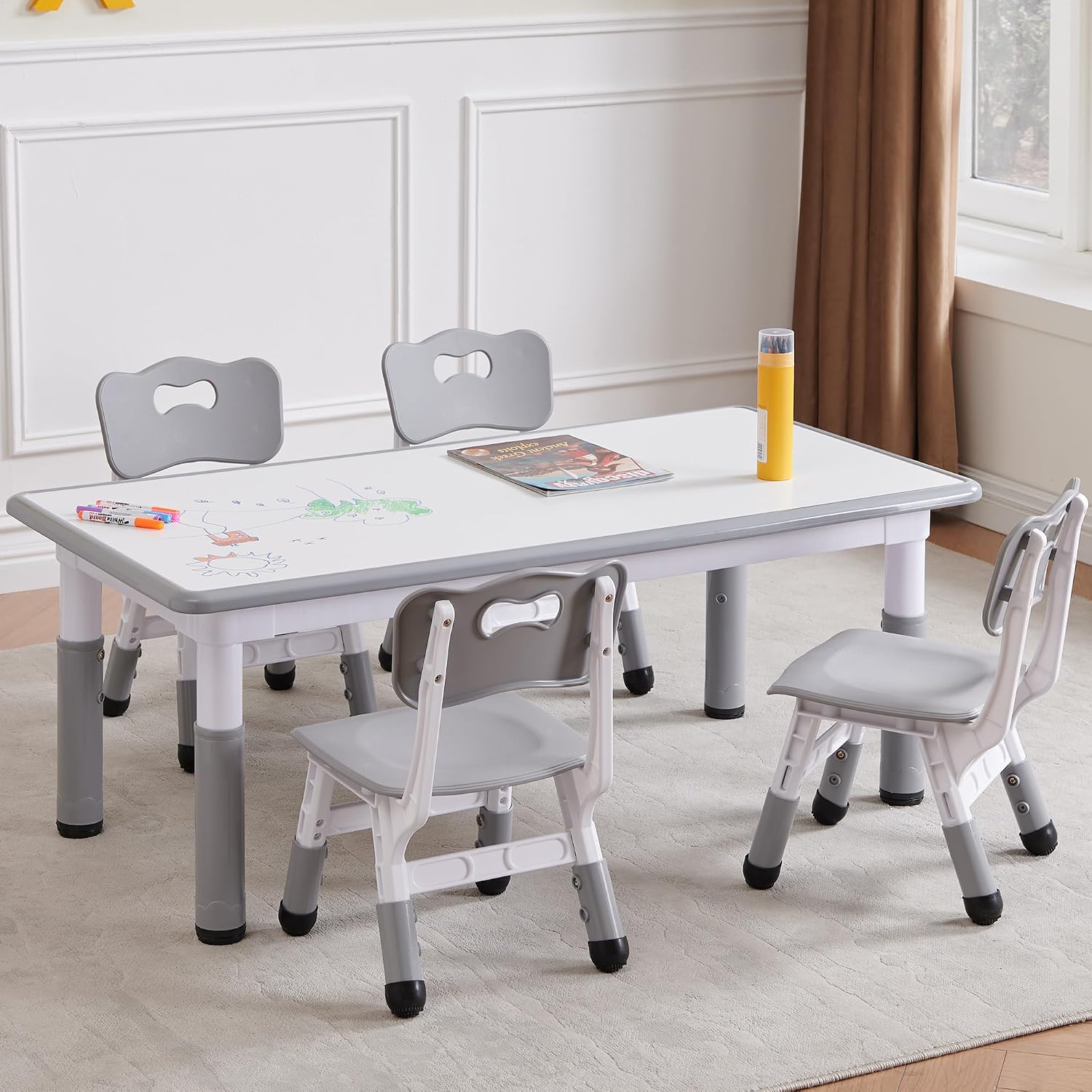 Kids Table and 4 Chairs Set, Height Adjustable Toddler Table and Chair Set, Toddler Desk with Graffiti Desktop & Non-Slip Legs, Children Activity Table for Daycare, Classroom (Grey)